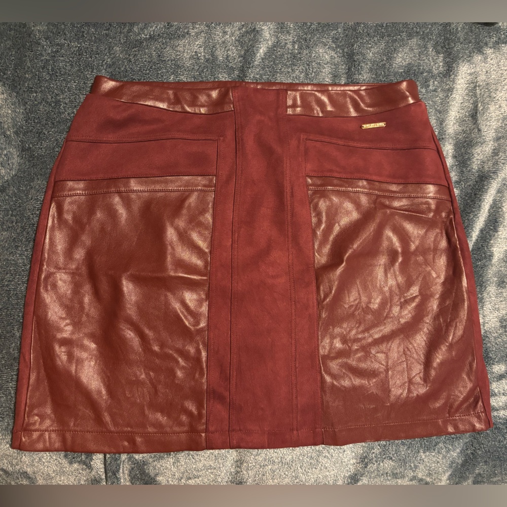 Andrew Marc New York Dark Olive Burgundy Faux Suede Leather Skirt